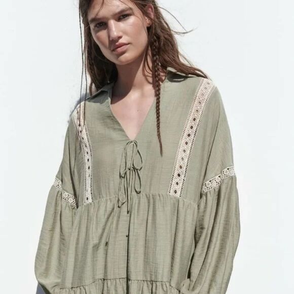 ZARA Boho Tiered Flowy Mini Dress Sz Small Loose Fit Lace Green Tie - Picture 2 of 8
